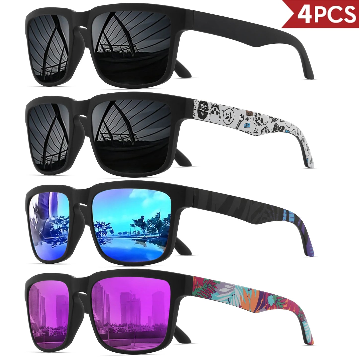 Pack 4 modelo 13 de óculos de sol quadrados espelhados UV400 em quatro variantes