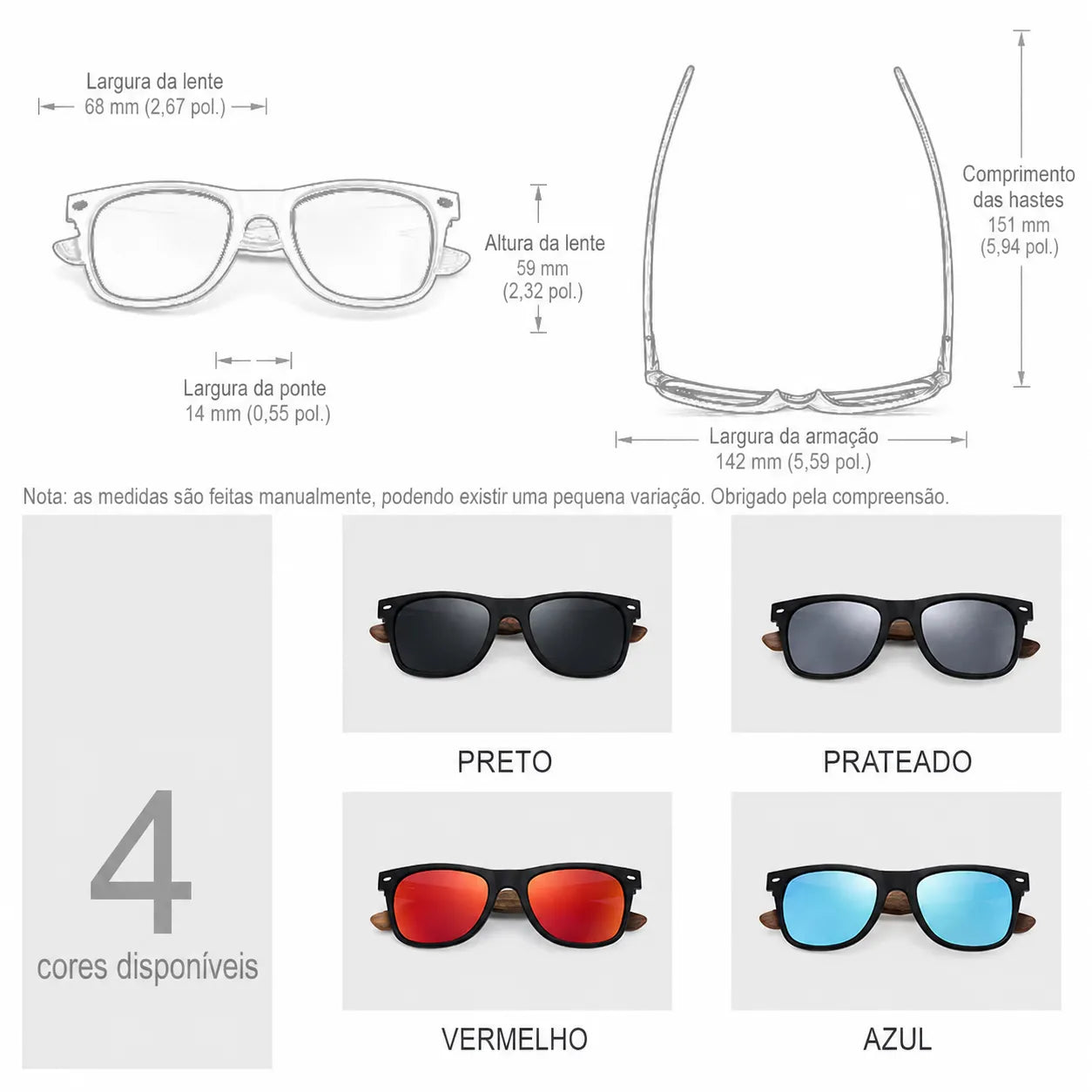 Medidas dos óculos de sol unissexo com lentes de 68 mm e armação de 142 mm