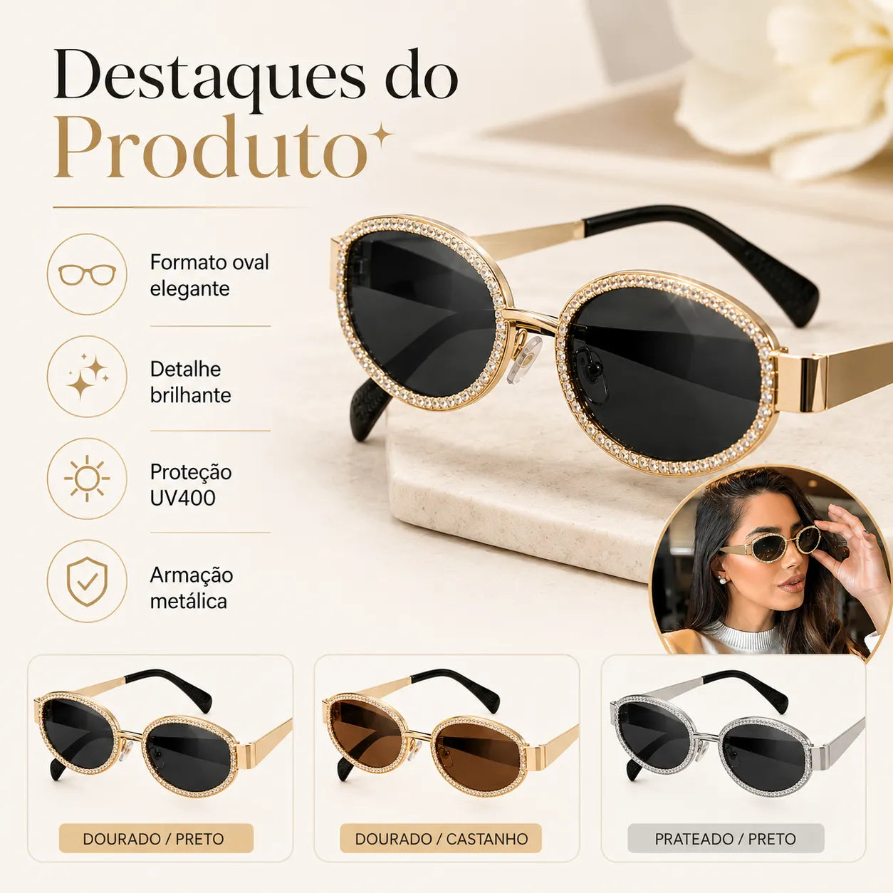 Óculos de Sol Femininos Ovais UV400 com Detalhe Brilhante