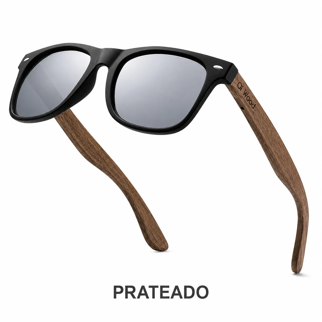 Óculos de sol prateados espelhados polarizados UV400 com hastes efeito madeira