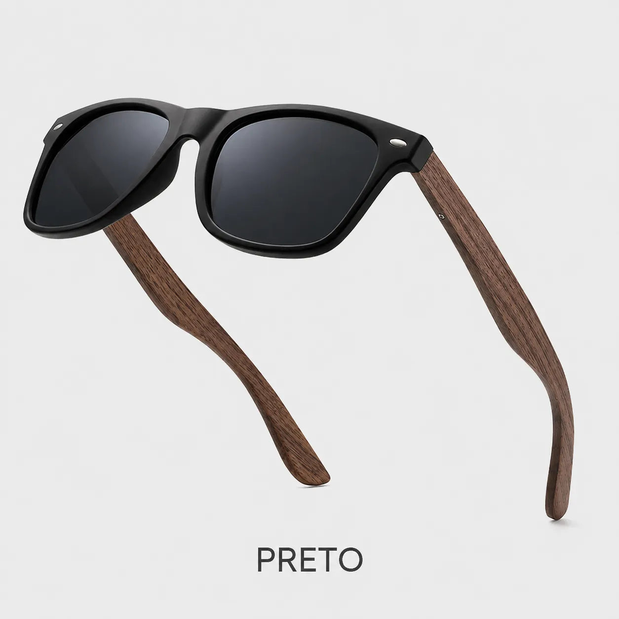 Óculos de sol pretos polarizados UV400 com hastes efeito madeira