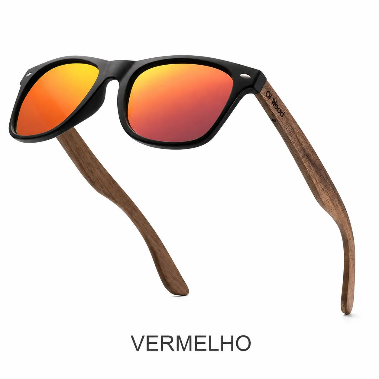 Óculos de sol vermelhos espelhados polarizados UV400 com hastes efeito madeira