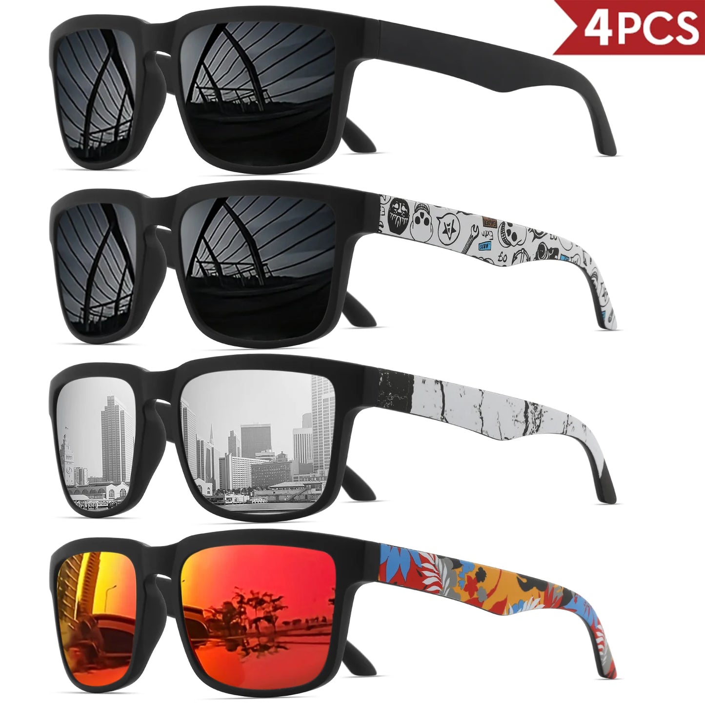 Pack 4 modelo 11 de óculos de sol quadrados espelhados UV400 em quatro variantes