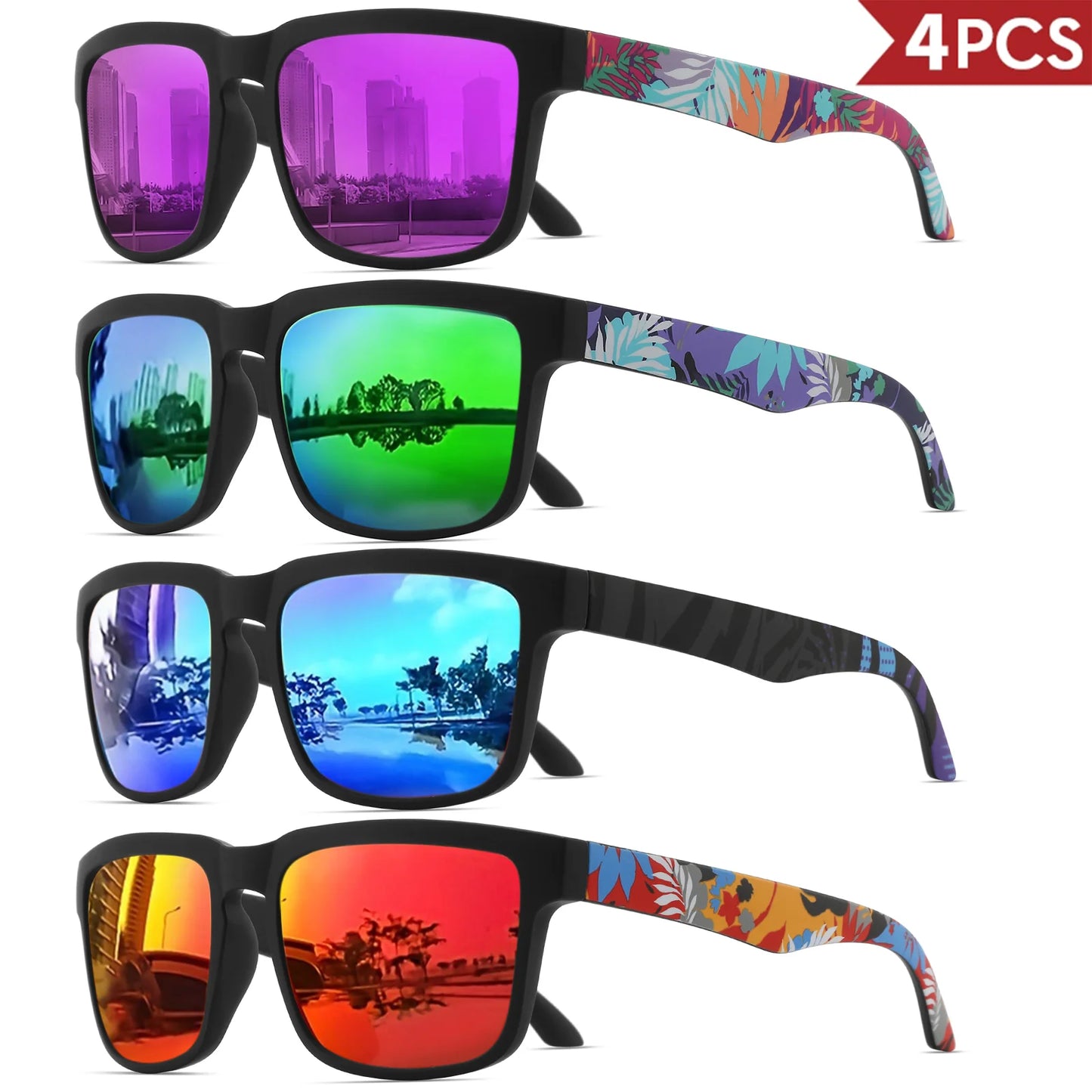 Pack 4 modelo 7 de óculos de sol quadrados espelhados UV400 em quatro variantes