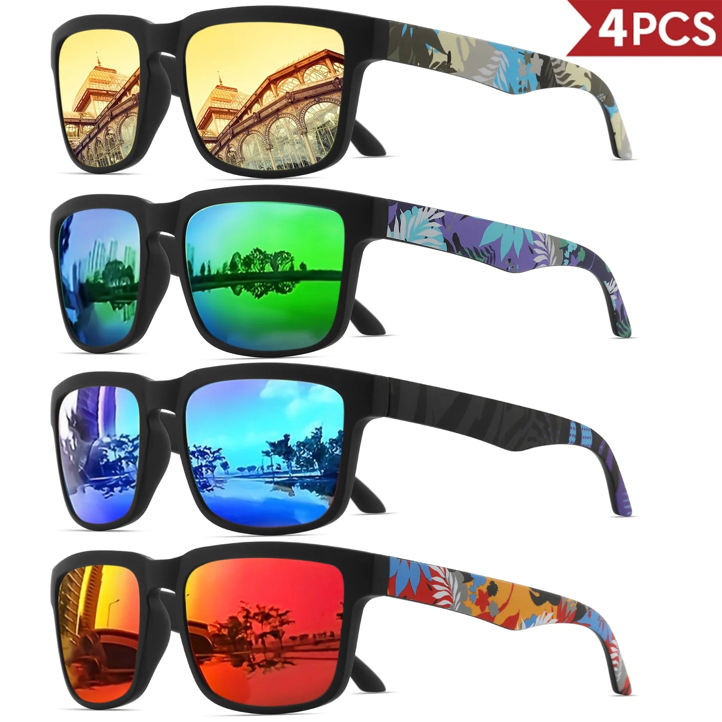Pack 4 modelo 9 de óculos de sol quadrados espelhados UV400 em quatro variantes