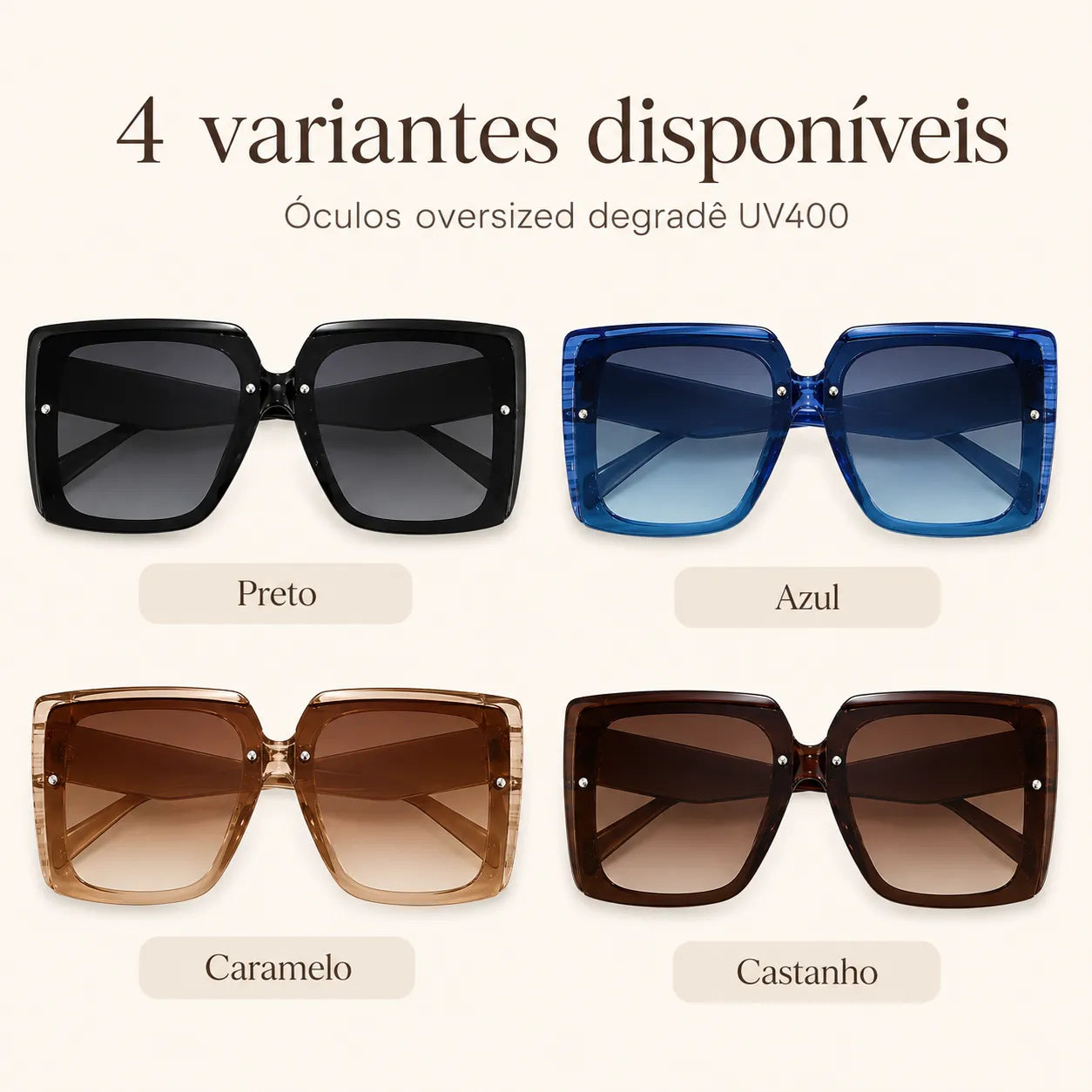 Quatro variantes de óculos de sol femininos oversized degradê UV400