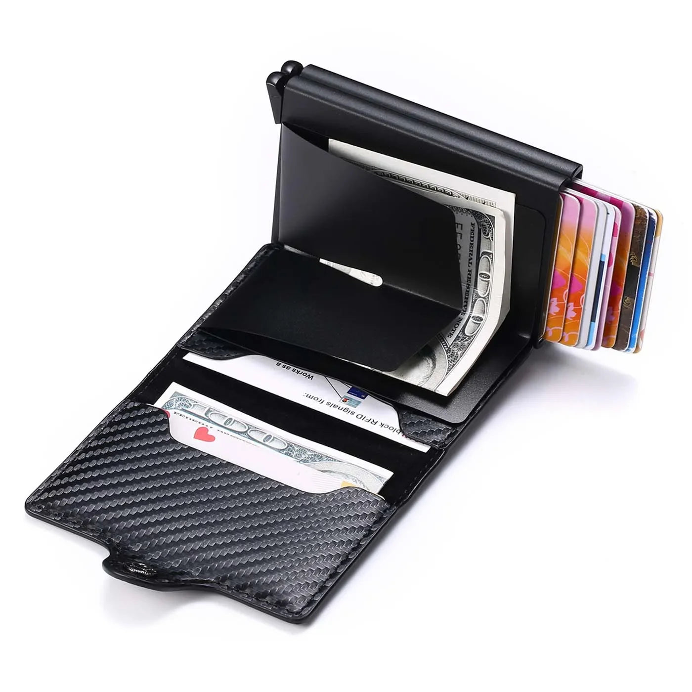 Carteira RFID aberta com compartimentos para cartões e notas