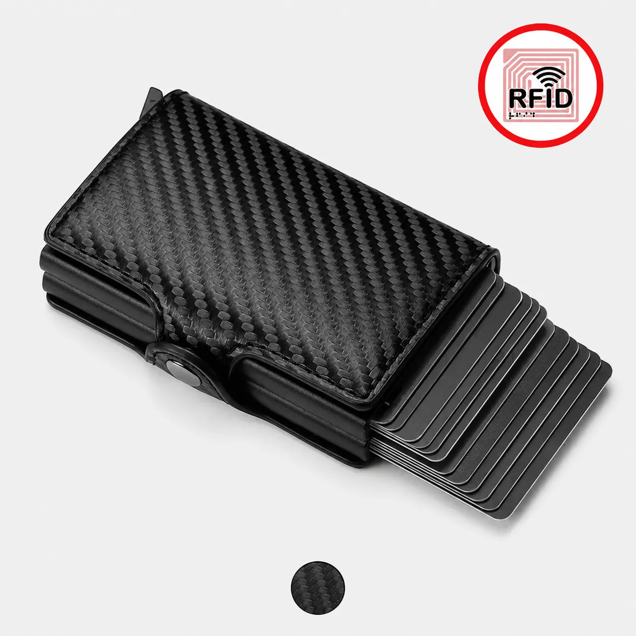 Carteira RFID preta com acabamento efeito carbono para cartões