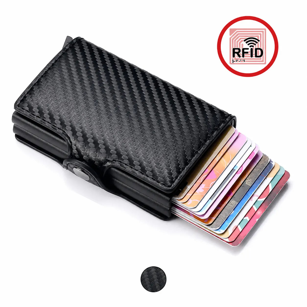 Carteira RFID slim preta com cartões em sistema pop-up