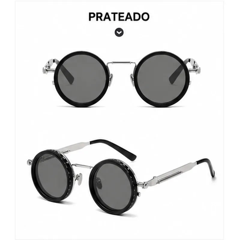 Óculos de sol redondos polarizados ND9 ajustáveis na cor prateada, vista frontal e lateral