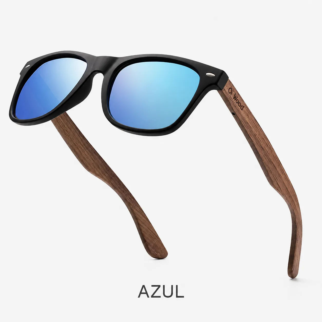 Óculos de sol unissexo polarizados UV400 com lentes azuis e hastes efeito madeira