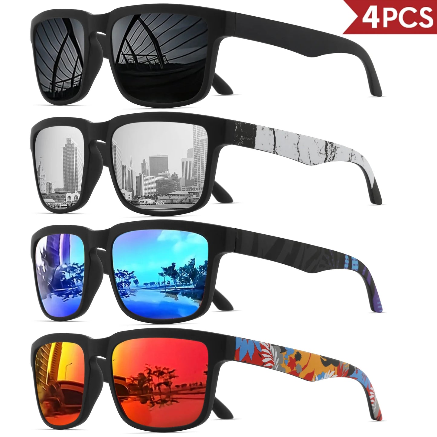 Pack 4 modelo 10 de óculos de sol quadrados espelhados UV400 em quatro variantes